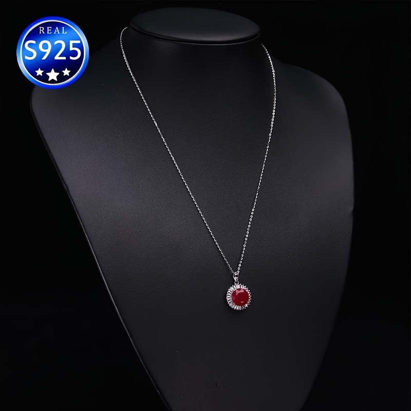 S925 Silver Rose Red Synthetic Gemstone Necklace for Daily Wear Wedding